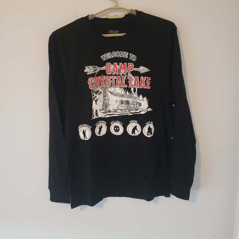 Mens Shirt Sz L Friday the 13th Mens Long Sleeve -Camp Crystal Lake Cabin EUC